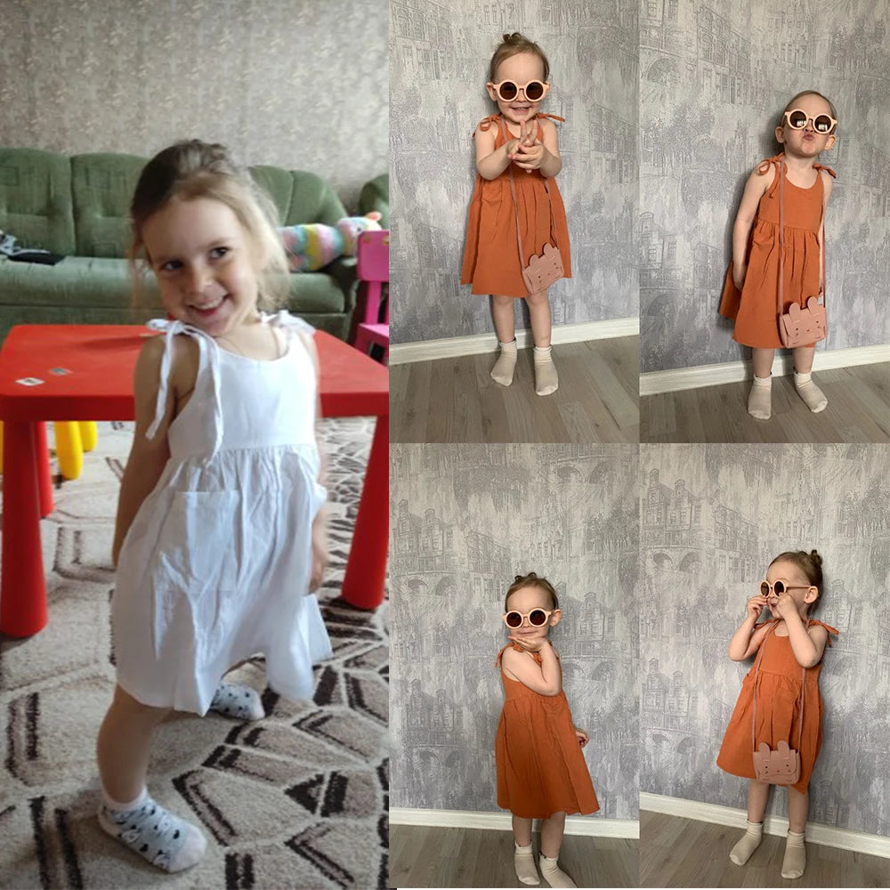 Children Girls Summer Casual Dress Solid Suspender With Pocket - Pets & Kidz