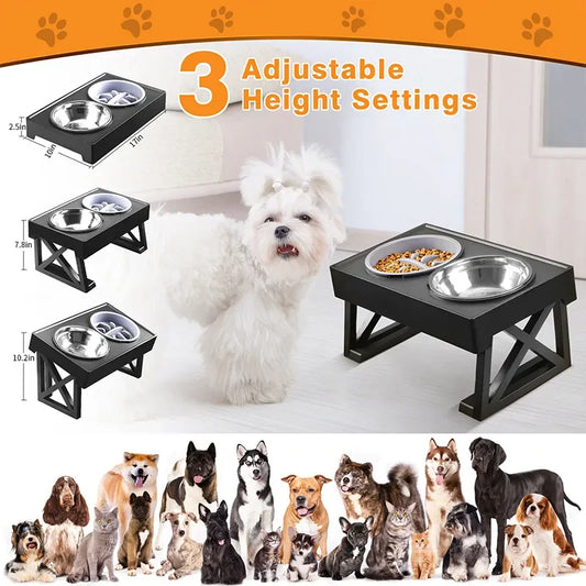 Dog Double Elevated Bowls Stand 3 Adjustable Height Pet Slow Feeding Dish Bowl