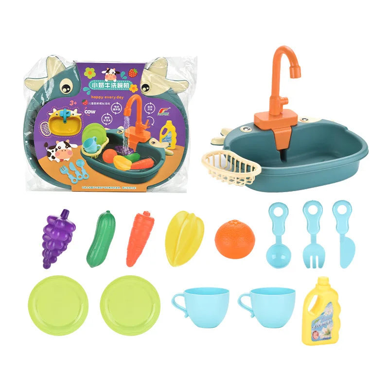 Kids Kitchen Sink with Simulation Electric Dishwasher and Mini Kitchen Food Pretend Play House Toy Set