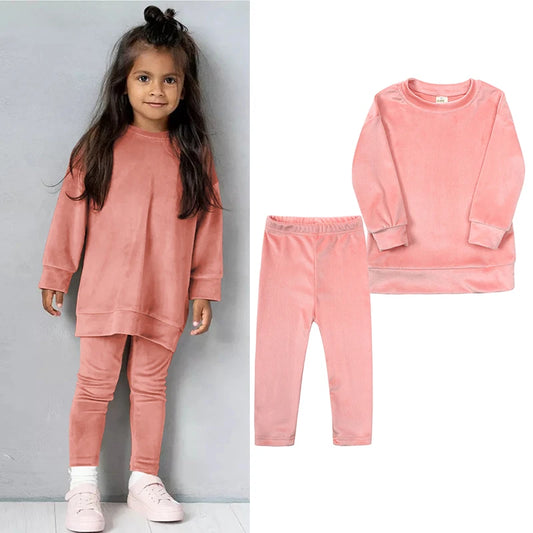 Kids Girl Velvet Suit Long Sleeve Pants Solid Clothes - Pets & Kidz