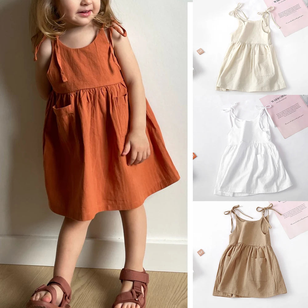 Children Girls Summer Casual Dress Solid Suspender With Pocket - Pets & Kidz